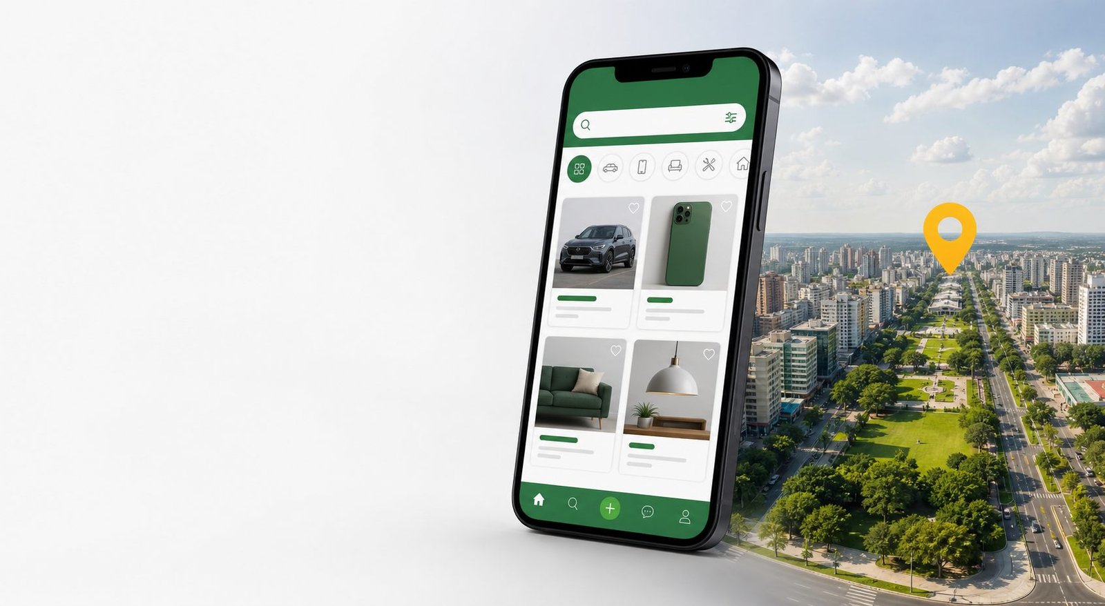 Celular exibindo produtos no marketplace, ao lado de uma cidade da região